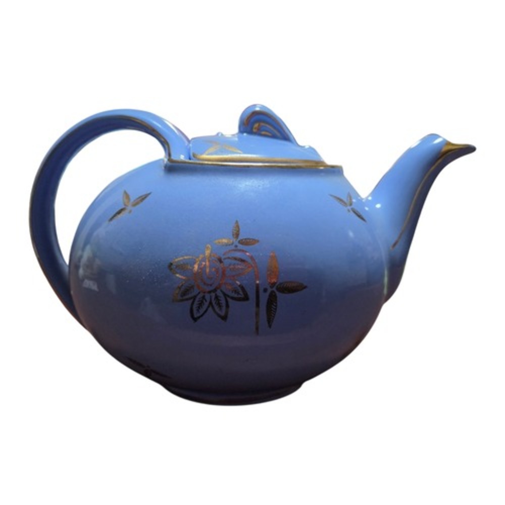1940's Hall 6 Cup Teapot 0749 Cadet Blue Gold Hook Lid USA Pottery